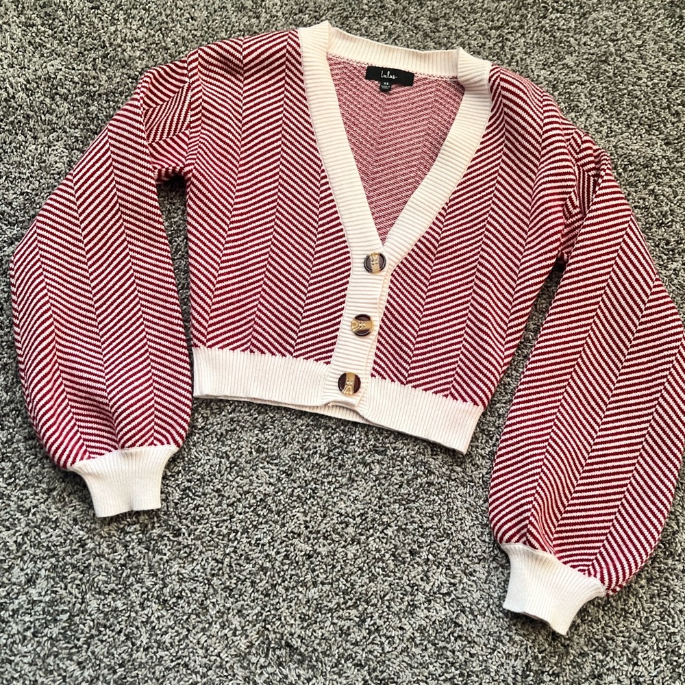 Lulu's Red and Cream Chevron Cardigan